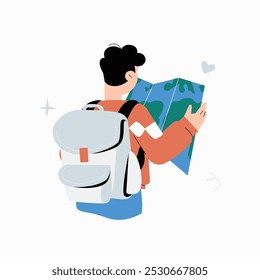 Turista masculino com mochila lendo um mapa em vetor plano ilustração simbolizando viagem, exploração e navegação, isolado no fundo branco.