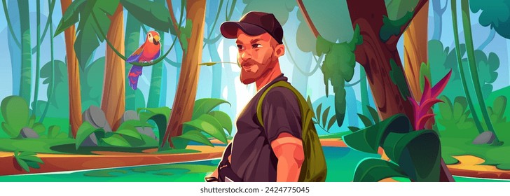 Male tourist with backpack walking in jungle among trees and liana vines, parrot on branch, moss and grass. Cartoon vector summer illustration of tropical rainforest landscape with person and bird.