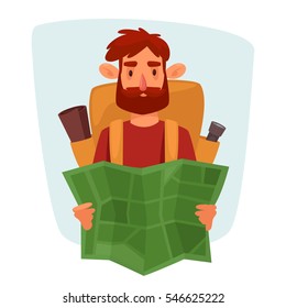 Male tourist with a beard and disheveled hair holding a card. Backpack on his shoulders. From the pockets stick mat and a flashlight. Vector cartoon illustration. Character