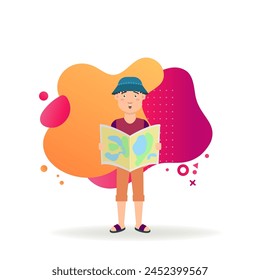 Male tourist in bucket hat with map. Man in T-shirt and shorts get lost during travelling. Adventure, travel, trip, tourism, location concept for web design, banner or landing page