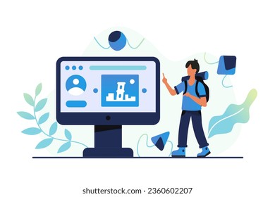 Male tourist checking account on computer, ready to travel aboard. Finding route while traveling. Flat vector illustration in blue colors in cartoon style