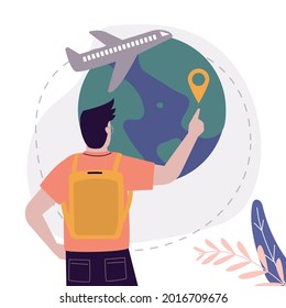 Male tourist choose place to travel on planet earth. Happy cartoon traveler searching and planning trip. Summer vacation, recreation and tour concept. Airplane travel. Flat vector illustration