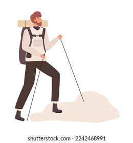 Male tourist climbing on mountain. Hiker equipped man with hiking sticks vector illustration