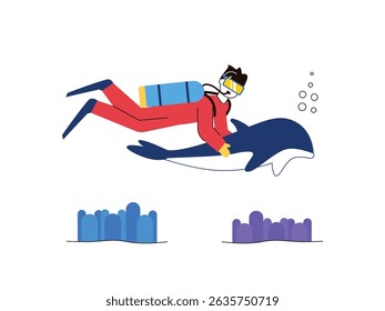 Male tourist diving under the sea, holding a big fish. Character design. Vector flat illustration