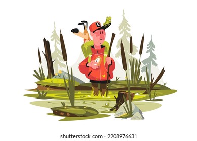 Male tourist with dog getting lost on swamp vector illustration. Guy with compass going through marsh flat concept. Hiking and travelling idea