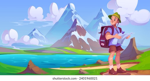 Male tourist with hiking backpack and map in hands stands by lake at foot of mountains with snowy peaks. Cartoon landscape for active outdoors recreation and adventure concept with young hiker man.