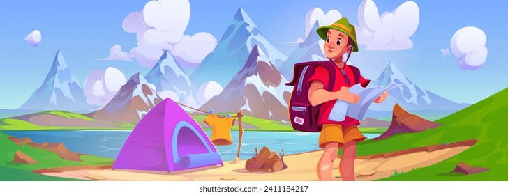 Turista masculino con mochila de senderismo y un mapa en las manos mientras se paraba junto al lago a pie de montañas con picos nevados cerca de una tienda con fogata. Paisaje de caricaturas con un joven excursionista cerca de las colinas.