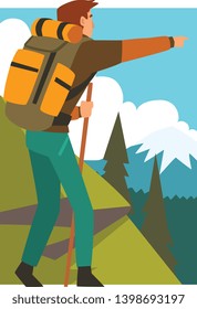 Male Tourist Hiking in Mountains with Backpack and Staff, Man Pointing at Something in Summer Mountain Landscape, Outdoor Activity, Travel, Camping, Backpacking Trip or Expedition Vector Illustration