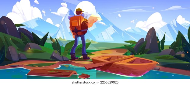 Male tourist hiking in mountains with map. Vector cartoon illustration of traveler man with backpack searching way, admiring rocky landscape covered with snow, standing near river with wooden boat