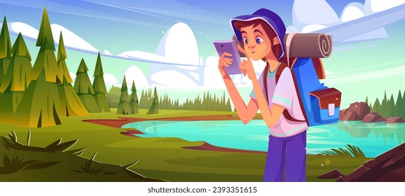 Senderismo turístico masculino cerca del lago forestal. Dibujo vectorial de un joven con una aplicación de mapas de comprobación de mochila en un smartphone, abetos verdes alrededor del agua, vacaciones de verano, actividades recreativas al aire libre