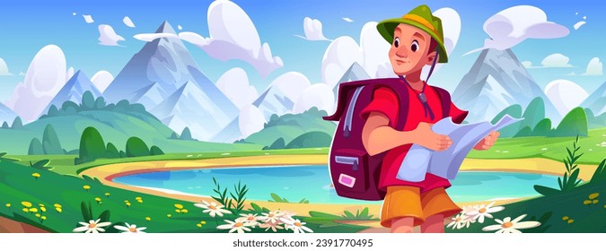 Male tourist hiking near mountain lake. Vector cartoon illustration of young man traveling with backpack and map, beautiful green valley with flowers, summer vacation, outdoor recreation activity