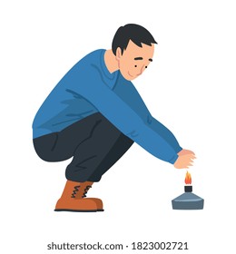Male Tourist Hiking on Nature, Traveler Warming his Hands over Gas Burner, Summer Adventure Trip Cartoon Style Vector Illustration