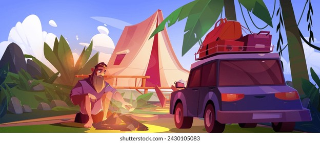 Male tourist sitting near fire in summer camp. Vector cartoon illustration of bearded man putting firewood in bonfire near camping tent, baggage on car, tropical lianas on palm trees, jungle vacation