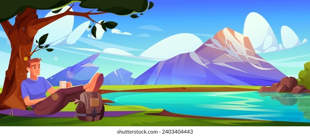 Male tourist sitting on grass near mountain lake. Vector cartoon illustration of young man drinking cup of tea under tree, admiring river water, having rest after hiking activity, summer vacation