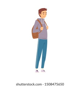 Male Tourist Standing with Backpack, Young Man Travelling, Hiking, Adventures, Active Recreation Vector Illustration