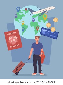 Male tourist with suitcase and backpack waiting for his flight. Flat vector illustration. Passport, ticket, airplane and globe with destination points on background. Travel, tourism, solo adventure