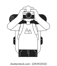 Male tourist taking pictures with instant camera monochromatic flat vector character. Editable thin line half body person on white. Simple bw cartoon spot image for web graphic design, animation