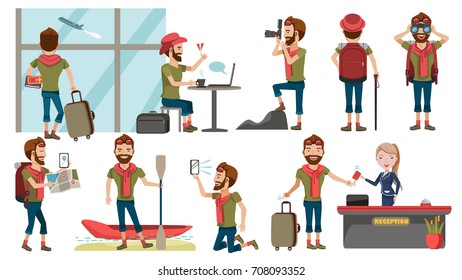 Male tourist Various gestures set. Vector, illustration.