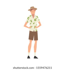 Male Tourist Wearing Hawaiian Shirt, Shorts and Panama, Guy Traveling on Vacation Vector Illustration