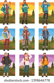 Male Tourists Hiking in Mountains with Backpacks Set, People in Summer Mountain Landscape, Outdoor Activity, Travel, Camping, Backpacking Trip or Expedition Vector Illustration