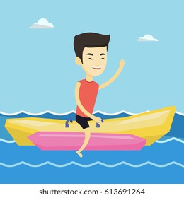 Male tourists riding a banana boat and waving hand. Young happy asian man having fun on banana boat in the sea. Man enjoying his summer vacation. Vector flat design illustration. Square layout.