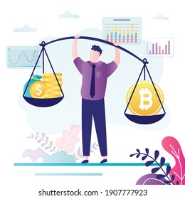 Male trader holds scales with dollar coins and bitcoin. Concept of investment in cryptocurrency. Cartoon businessman invest in crypto. Trading, forex, balance on stock market. Flat vector illustration