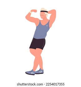 Male trainer showing muscles. Muscular sport coach, fitness program vector illustration