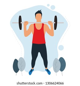 Male training with barbell. Hand strength exercises. Fitness training. Modern flat vector illustration.