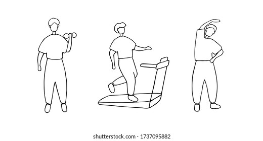 Male training, workout concept. Man doing different sport exercises. Doodle vector illustration