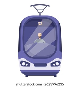 Male tram driver sitting in drivers seat looking out of front window driving public transportation route number 32
