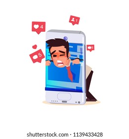 Male trapped in smartphone. smartphone addict concept - vector illustration
