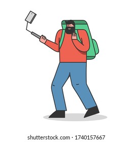 Male travel blogger recording video or taking photo for blog or channel on mobile phone. Traveler man with backpack streaming online, creative content for vlog on trip. Cartoon vector illustration