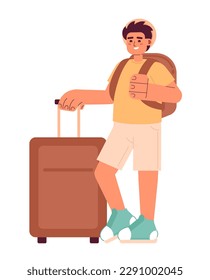 Male traveler with carry-on luggage semi flat colorful vector character. Graduation trip. Editable full body person on white. Simple cartoon spot illustration for web graphic design and animation