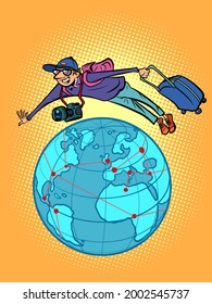 a male traveler is flying over the planet Earth, a weekend trip, a vacation