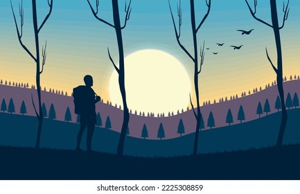 male traveler in forest scene