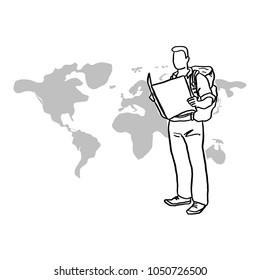 male traveler holding map vector illustration sketch hand drawn with black lines isolated on white background