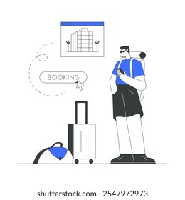 Male Traveler With Luggage And Booking Screen In Flat Vector Illustration Symbolizing Travel Reservations, Tourism, And Adventure, Isolated On White Background.