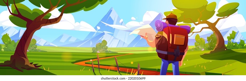 Male traveler with map and backpack looking at beautiful mountain landscape, cartoon vector illustration. Tourist goes hiking, searching way to destination. Enjoying adventure trip on summer vacation