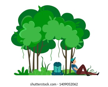 The male traveler sat down to rest under the trees. Vector illustration of nature and man in cartoon style on a white background.