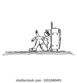 male traveler sitting by travel bag and using mobile phone vector illustration sketch hand drawn with black lines isolated on white background