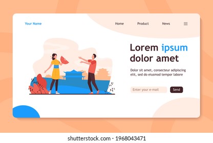 Male traveler talking with Asian girl in traditional clothes. China, weekend, nation flat vector illustration. Travel and holiday trip concept for banner, website design or landing web page