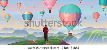 Male traveller looks on hot air balloons.Tourist man standing and looking to hot air balloons. Traveler on a mountain enjoying view of hot air baloons. Vector, horizontal 
