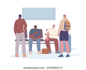 Male travellers waiting public transport, plane flight, train or bus. Young men with suitcase and bags, with backpack. Seasonal vacations, flat vector scene