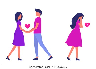 Male treason, the guy in a relationship with another woman. The girl is crying. Flat vector people.