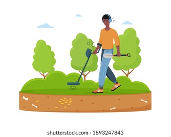 Male treasure hunter with metal detector is looking for precious stones. Seeker is checking territory with special equipment and shovel. Flat cartoon vector illustration