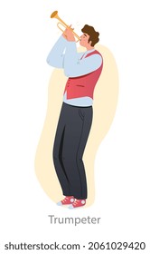Male trumpeter concept. Man holds brass musical instrument in his hands and plays it. Artist of jazz group or professional musician. Cartoon flat vector illustration isolated on white background