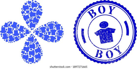 Male t-shirt rotation flower with four petals, and blue round BOY dirty stamp with icon inside. Element burst organized from oriented male t-shirt items. Vector flower collage in flat style.