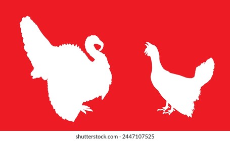 Male turkey against wood grouse vector silhouette illustration isolated. Forest meadow wildlife birds. Turkey male shape, gobbler. Grouse shadow. Bird watching. Plumage in zoo park. Heather cock.