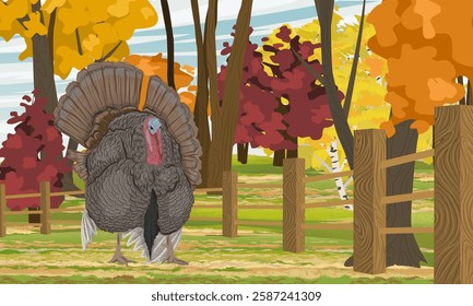 Male turkey stands on a meadow in front of a fence in a poultry yard. Domestic and farm bird in autumn. Realistic vector landscape