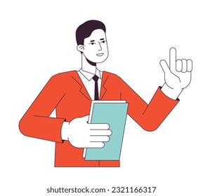 Male tutor explaining with raised finger flat line color vector character. Editable outline half body person on white. Man holding paperwork simple cartoon spot illustration for web graphic design